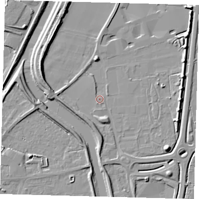 Shaded relief map of the ground around PE126ES, computed from Environment Agency LiDAR. The ground here sits at about 4 m above sea level and falls 10 m across the surrounding 800 m. Surface water reaching this point runs off ground lying to the west, 4.4 m higher.
