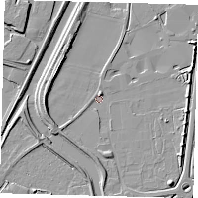 Shaded relief map of the ground around PE126ET, computed from Environment Agency LiDAR. The ground here sits at about 3 m above sea level and falls 11 m across the surrounding 800 m. Surface water reaching this point runs off ground lying to the west-south-west, 4.4 m higher.