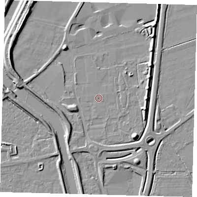 Shaded relief map of the ground around PE126EU, computed from Environment Agency LiDAR. The ground here sits at about 3 m above sea level and falls 10 m across the surrounding 800 m. Surface water reaching this point runs off ground lying to the west-north-west, 4.4 m higher.