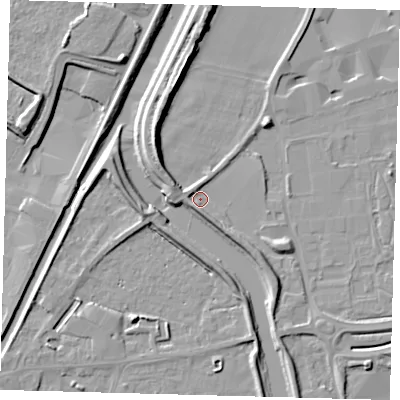 Shaded relief map of the ground around PE126EX, computed from Environment Agency LiDAR. The ground here sits at about 4 m above sea level and falls 10 m across the surrounding 800 m. Surface water reaching this point runs off ground lying to the west-north-west, 3.9 m higher.