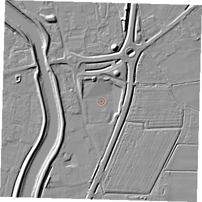 Shaded relief map of the ground around PE126EZ, computed from Environment Agency LiDAR. The ground here sits at about 2 m above sea level and falls 8 m across the surrounding 800 m. Surface water reaching this point runs off ground lying to the west-south-west, 1.6 m higher.
