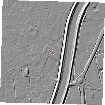 Shaded relief map of the ground around PE126FD, computed from Environment Agency LiDAR. The ground here sits at about 3 m above sea level and falls 5 m across the surrounding 800 m. Surface water reaching this point runs off ground lying to the west-north-west, 0.8 m higher.