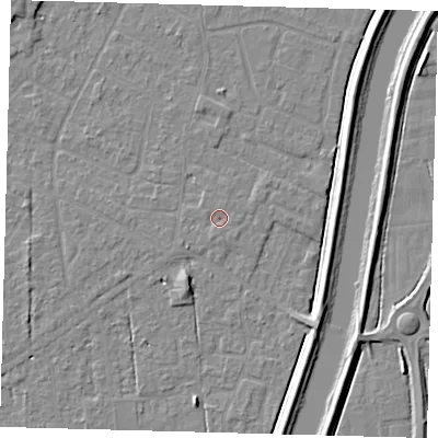 Shaded relief map of the ground around PE126FE, computed from Environment Agency LiDAR. The ground here sits at about 3 m above sea level and falls 5 m across the surrounding 800 m. Surface water reaching this point runs off ground lying to the south-south-west, 0.7 m higher.