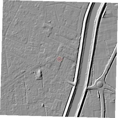 Shaded relief map of the ground around PE126FF, computed from Environment Agency LiDAR. The ground here sits at about 3 m above sea level and falls 5 m across the surrounding 800 m. Surface water reaching this point runs off ground lying to the west-south-west, 1.2 m higher.