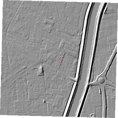 Shaded relief map of the ground around PE126FG, computed from Environment Agency LiDAR. The ground here sits at about 4 m above sea level and falls 5 m across the surrounding 800 m. Surface water reaching this point runs off ground lying to the south, 1.0 m higher.