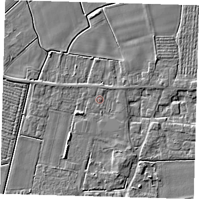 Shaded relief map of the ground around PE126FJ, computed from Environment Agency LiDAR. The ground here sits at about 4 m above sea level and falls 5 m across the surrounding 800 m. Surface water reaching this point runs off ground lying to the north, 0.7 m higher.