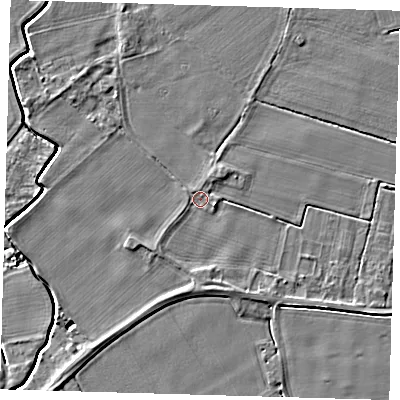 Shaded relief map of the ground around PE126FP, computed from Environment Agency LiDAR. The ground here sits at about 3 m above sea level and falls 4 m across the surrounding 800 m. Surface water reaching this point runs off ground lying to the east-south-east, 1.5 m higher.