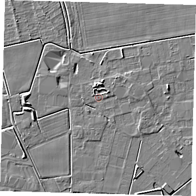 Shaded relief map of the ground around PE126FQ, computed from Environment Agency LiDAR. The ground here sits at about 3 m above sea level and falls 6 m across the surrounding 800 m. Surface water reaching this point runs off ground lying to the north, 5.4 m higher.