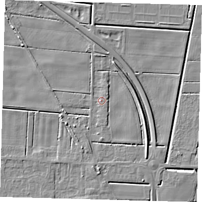 Shaded relief map of the ground around PE126FS, computed from Environment Agency LiDAR. The ground here sits at about 3 m above sea level and falls 6 m across the surrounding 800 m. Surface water reaching this point runs off ground lying to the south, 2.7 m higher.