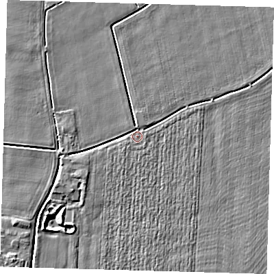 Shaded relief map of the ground around PE126FT, computed from Environment Agency LiDAR. The ground here sits at about 3 m above sea level and falls 5 m across the surrounding 800 m. Surface water reaching this point runs off ground lying to the west-south-west, 2.5 m higher.