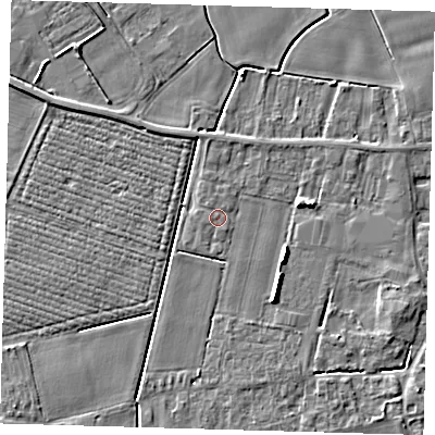 Shaded relief map of the ground around PE126FZ, computed from Environment Agency LiDAR. The ground here sits at about 4 m above sea level and falls 5 m across the surrounding 800 m. Surface water reaching this point runs off ground lying to the south-south-east, 0.8 m higher.