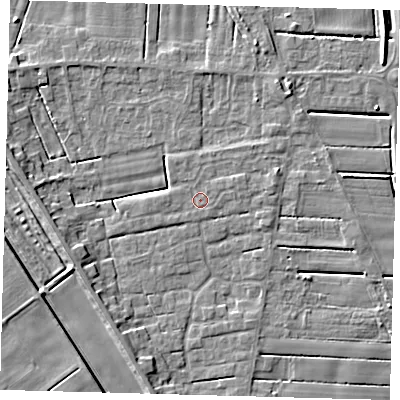 Shaded relief map of the ground around PE126GF, computed from Environment Agency LiDAR. The ground here sits at about 3 m above sea level and falls 5 m across the surrounding 800 m. Surface water reaching this point runs off ground lying to the east-north-east, 0.8 m higher.