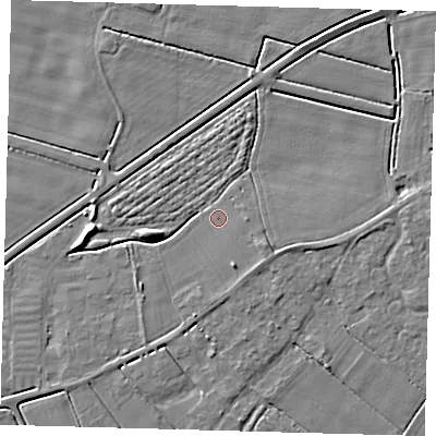 Shaded relief map of the ground around PE126GY, computed from Environment Agency LiDAR. The ground here sits at about 3 m above sea level and falls 5 m across the surrounding 800 m. Surface water reaching this point runs off ground lying to the east-south-east, 1.5 m higher.
