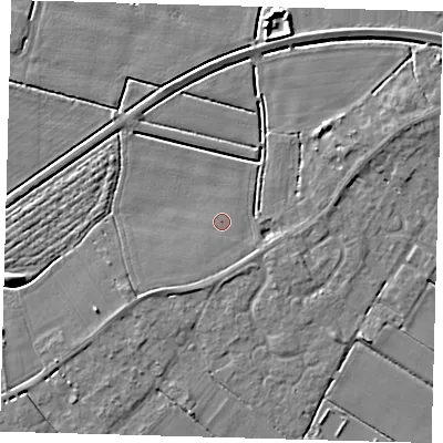 Shaded relief map of the ground around PE126GZ, computed from Environment Agency LiDAR. The ground here sits at about 3 m above sea level and falls 5 m across the surrounding 800 m. The ground contributing surface water to this point lies to the south-south-west.