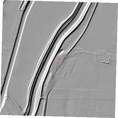 Shaded relief map of the ground around PE126HD, computed from Environment Agency LiDAR. The ground here sits at about 5 m above sea level and falls 9 m across the surrounding 800 m. Surface water reaching this point runs off ground lying to the south-west, 0.7 m higher.
