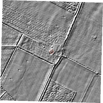 Shaded relief map of the ground around PE126HF, computed from Environment Agency LiDAR. The ground here sits at about 4 m above sea level and falls 3 m across the surrounding 800 m. Surface water reaching this point runs off ground lying to the north, 1.4 m higher.