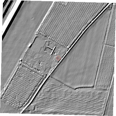 Shaded relief map of the ground around PE126HH, computed from Environment Agency LiDAR. The ground here sits at about 4 m above sea level and falls 8 m across the surrounding 800 m. Surface water reaching this point runs off ground lying to the west-north-west, 2.4 m higher.