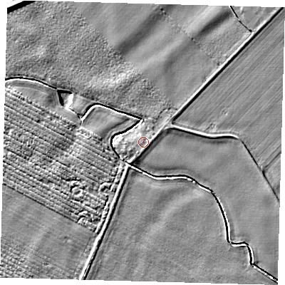 Shaded relief map of the ground around PE126HQ, computed from Environment Agency LiDAR. The ground here sits at about 4 m above sea level and falls 6 m across the surrounding 800 m. Surface water reaching this point runs off ground lying to the west-south-west, 0.6 m higher.