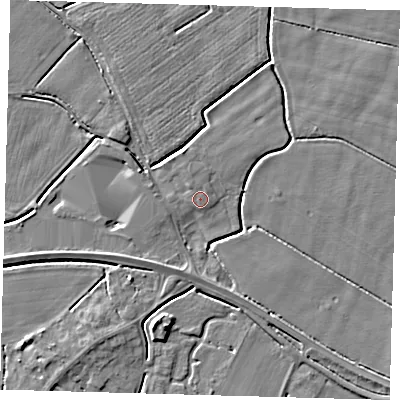 Shaded relief map of the ground around PE126HR, computed from Environment Agency LiDAR. The ground here sits at about 4 m above sea level and falls 5 m across the surrounding 800 m. Surface water reaching this point runs off ground lying to the north, 0.8 m higher.