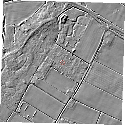 Shaded relief map of the ground around PE126HT, computed from Environment Agency LiDAR. The ground here sits at about 3 m above sea level and falls 5 m across the surrounding 800 m. Surface water reaching this point runs off ground lying to the west-north-west, 2.4 m higher.