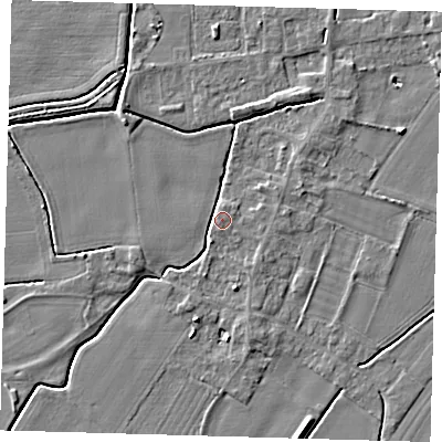 Shaded relief map of the ground around PE126HX, computed from Environment Agency LiDAR. The ground here sits at about 4 m above sea level and falls 5 m across the surrounding 800 m. Surface water reaching this point runs off ground lying to the north-north-east, 3.2 m higher.