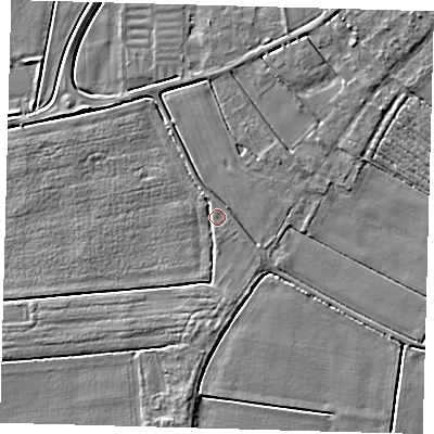 Shaded relief map of the ground around PE126HZ, computed from Environment Agency LiDAR. The ground here sits at about 3 m above sea level and falls 3 m across the surrounding 800 m. The ground contributing surface water to this point lies to the south.