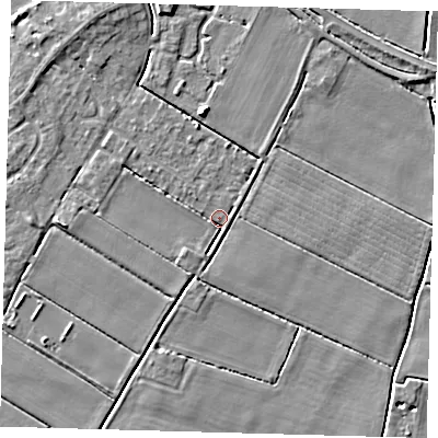 Shaded relief map of the ground around PE126JB, computed from Environment Agency LiDAR. The ground here sits at about 3 m above sea level and falls 6 m across the surrounding 800 m. Surface water reaching this point runs off ground lying to the west, 2.3 m higher.