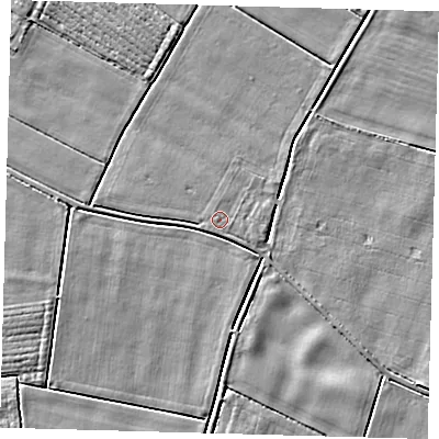 Shaded relief map of the ground around PE126JF, computed from Environment Agency LiDAR. The ground here sits at about 3 m above sea level and falls 3 m across the surrounding 800 m. The ground contributing surface water to this point lies to the east-south-east.