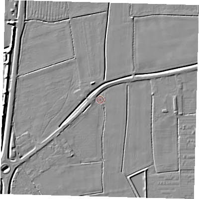 Shaded relief map of the ground around PE126JP, computed from Environment Agency LiDAR. The ground here sits at about 3 m above sea level and falls 8 m across the surrounding 800 m. Surface water reaching this point runs off ground lying to the north-north-east, 1.7 m higher.