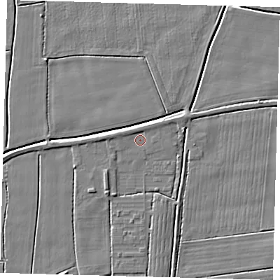 Shaded relief map of the ground around PE126JR, computed from Environment Agency LiDAR. The ground here sits at about 3 m above sea level and falls 3 m across the surrounding 800 m. Surface water reaching this point runs off ground lying to the west-north-west, 1.1 m higher.