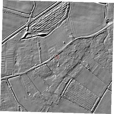 Shaded relief map of the ground around PE126JU, computed from Environment Agency LiDAR. The ground here sits at about 3 m above sea level and falls 5 m across the surrounding 800 m. Surface water reaching this point runs off ground lying to the east, 1.7 m higher.