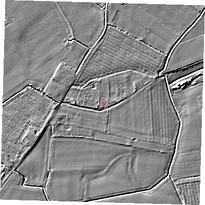 Shaded relief map of the ground around PE126JY, computed from Environment Agency LiDAR. The ground here sits at about 3 m above sea level and falls 5 m across the surrounding 800 m. Surface water reaching this point runs off ground lying to the west, 1.6 m higher.