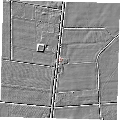 Shaded relief map of the ground around PE126LF, computed from Environment Agency LiDAR. The ground here sits at about 4 m above sea level and falls 4 m across the surrounding 800 m. Surface water reaching this point runs off ground lying to the south-south-west, 1.7 m higher.
