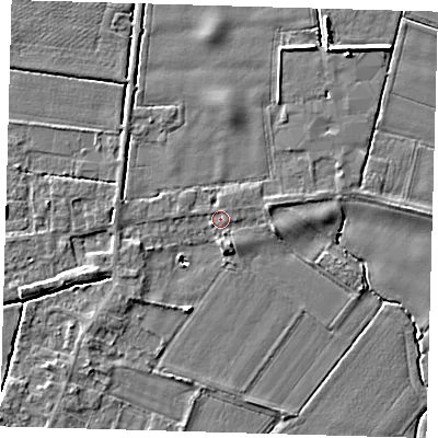Shaded relief map of the ground around PE126LG, computed from Environment Agency LiDAR. The ground here sits at about 4 m above sea level and falls 4 m across the surrounding 800 m. Surface water reaching this point runs off ground lying to the south-south-east, 1.4 m higher.