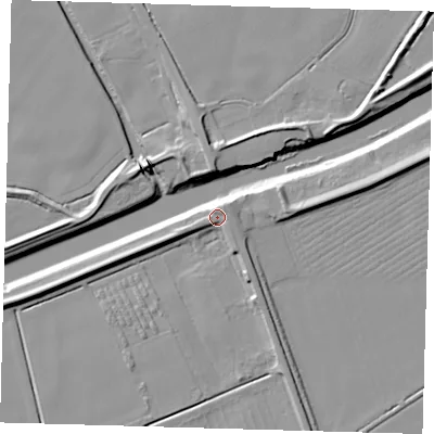Shaded relief map of the ground around PE126LH, computed from Environment Agency LiDAR. The ground here sits at about 6 m above sea level and falls 9 m across the surrounding 800 m. Surface water reaching this point runs off ground lying to the north-east, 3.2 m higher.
