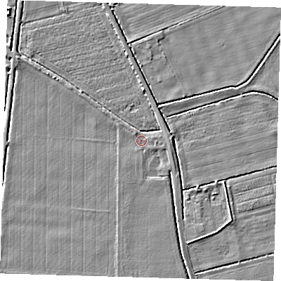 Shaded relief map of the ground around PE126LP, computed from Environment Agency LiDAR. The ground here sits at about 4 m above sea level and falls 4 m across the surrounding 800 m. Surface water reaching this point runs off ground lying to the east, 2.0 m higher.