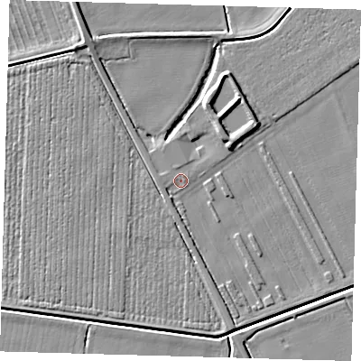 Shaded relief map of the ground around PE126LQ, computed from Environment Agency LiDAR. The ground here sits at about 4 m above sea level and falls 6 m across the surrounding 800 m. Surface water reaching this point runs off ground lying to the west, 0.7 m higher.