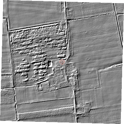 Shaded relief map of the ground around PE126LS, computed from Environment Agency LiDAR. The ground here sits at about 4 m above sea level and falls 3 m across the surrounding 800 m. Surface water reaching this point runs off ground lying to the north-north-west, 1.0 m higher.