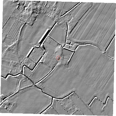 Shaded relief map of the ground around PE126LT, computed from Environment Agency LiDAR. The ground here sits at about 4 m above sea level and falls 5 m across the surrounding 800 m. Surface water reaching this point runs off ground lying to the west-south-west, 2.4 m higher.