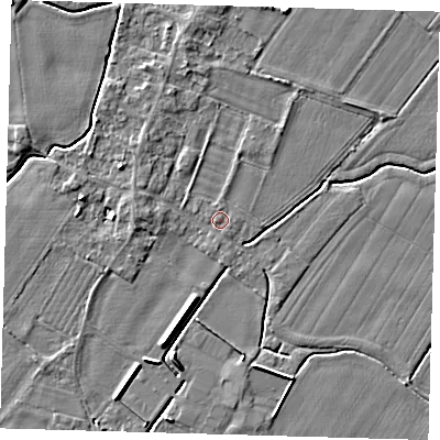Shaded relief map of the ground around PE126LU, computed from Environment Agency LiDAR. The ground here sits at about 4 m above sea level and falls 5 m across the surrounding 800 m. The ground contributing surface water to this point lies to the west-south-west.