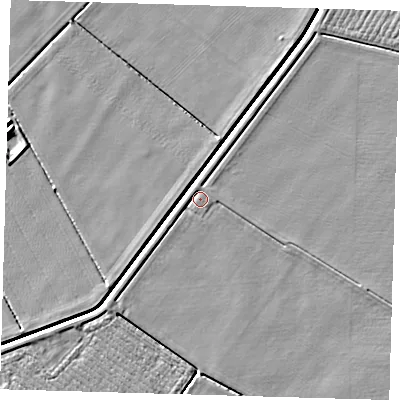 Shaded relief map of the ground around PE126LW, computed from Environment Agency LiDAR. The ground here sits at about 4 m above sea level and falls 5 m across the surrounding 800 m. Surface water reaching this point runs off ground lying to the south-west, 1.3 m higher.