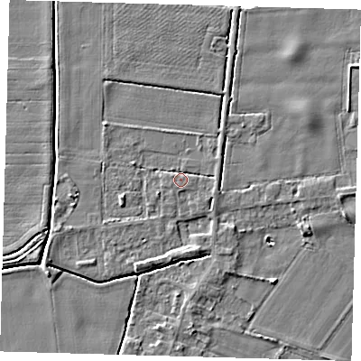 Shaded relief map of the ground around PE126LZ, computed from Environment Agency LiDAR. The ground here sits at about 4 m above sea level and falls 4 m across the surrounding 800 m. Surface water reaching this point runs off ground lying to the south, 2.3 m higher.