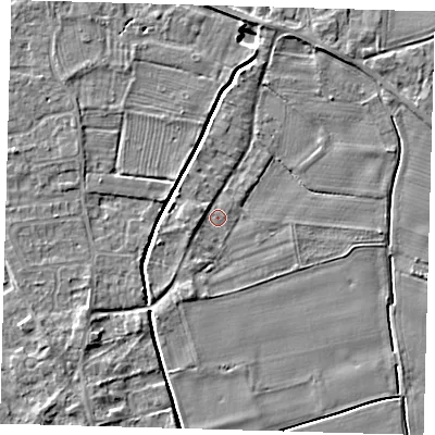 Shaded relief map of the ground around PE126NP, computed from Environment Agency LiDAR. The ground here sits at about 3 m above sea level and falls 4 m across the surrounding 800 m. Surface water reaching this point runs off ground lying to the west-south-west, 2.3 m higher.