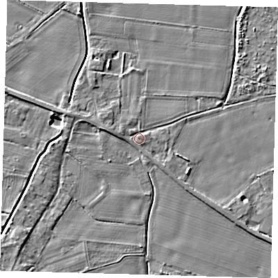 Shaded relief map of the ground around PE126NU, computed from Environment Agency LiDAR. The ground here sits at about 4 m above sea level and falls 4 m across the surrounding 800 m. Surface water reaching this point runs off ground lying to the west-north-west, 1.2 m higher.