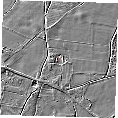 Shaded relief map of the ground around PE126NY, computed from Environment Agency LiDAR. The ground here sits at about 3 m above sea level and falls 4 m across the surrounding 800 m. Surface water reaching this point runs off ground lying to the south, 1.8 m higher.