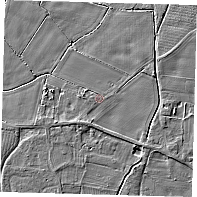 Shaded relief map of the ground around PE126PB, computed from Environment Agency LiDAR. The ground here sits at about 4 m above sea level and falls 5 m across the surrounding 800 m. Surface water reaching this point runs off ground lying to the west, 1.0 m higher.