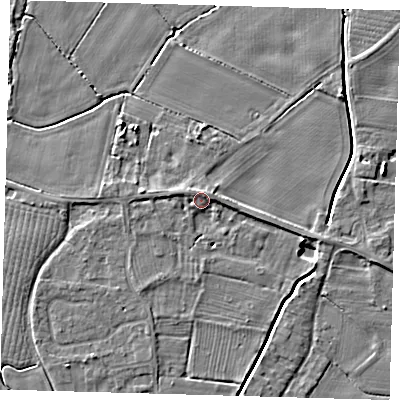 Shaded relief map of the ground around PE126PD, computed from Environment Agency LiDAR. The ground here sits at about 4 m above sea level and falls 5 m across the surrounding 800 m. Surface water reaching this point runs off ground lying to the north-north-east, 2.9 m higher.