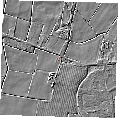 Shaded relief map of the ground around PE126PE, computed from Environment Agency LiDAR. The ground here sits at about 3 m above sea level and falls 6 m across the surrounding 800 m. Surface water reaching this point runs off ground lying to the south, 4.3 m higher.