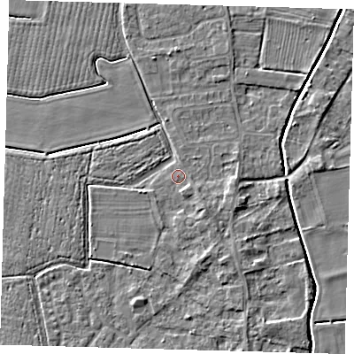 Shaded relief map of the ground around PE126PL, computed from Environment Agency LiDAR. The ground here sits at about 4 m above sea level and falls 4 m across the surrounding 800 m. Surface water reaching this point runs off ground lying to the south-south-east, 1.1 m higher.