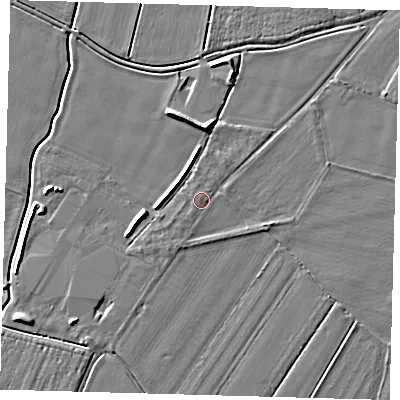 Shaded relief map of the ground around PE126PW, computed from Environment Agency LiDAR. The ground here sits at about 4 m above sea level and falls 6 m across the surrounding 800 m. Surface water reaching this point runs off ground lying to the east-south-east, 1.2 m higher.